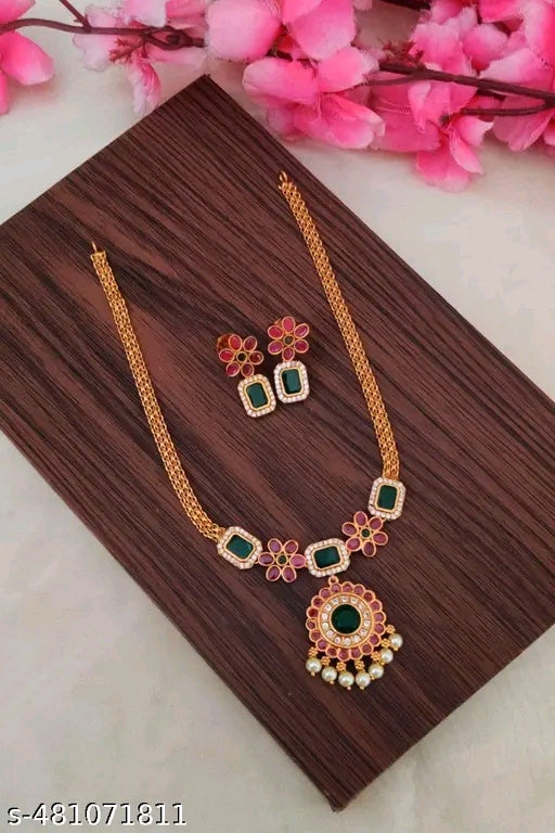 Floral green & red stone necklace set