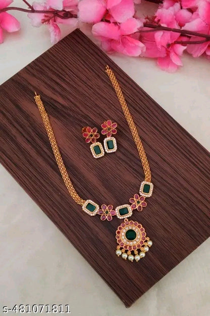 Floral green & red stone necklace set