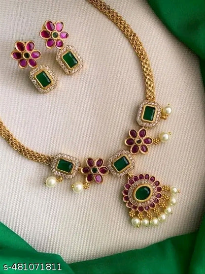 Floral green & red stone necklace set