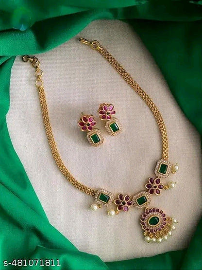 Floral green & red stone necklace set