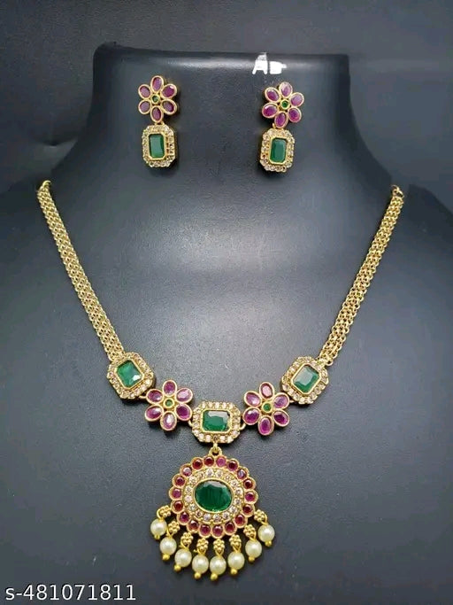 Floral green & red stone necklace set