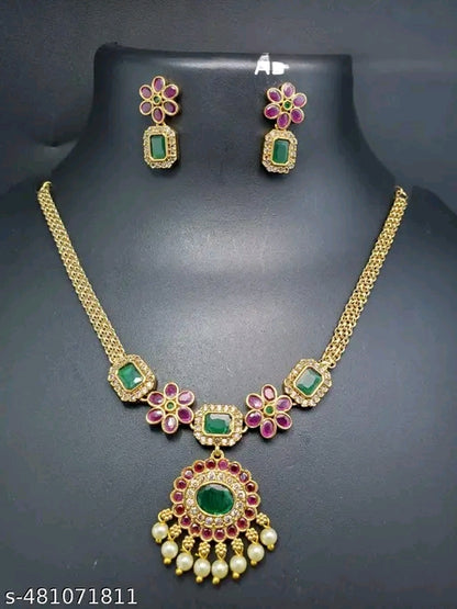 Floral green & red stone necklace set